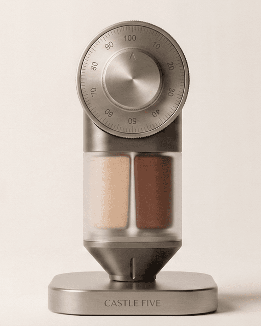 THE DIAL visual direction study seen from the front — the dial on top and two transparent cartridges side by side